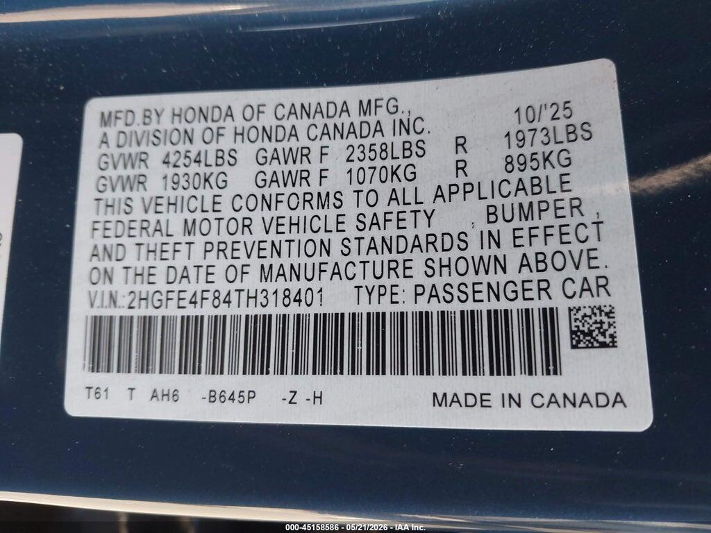 2HGFE4F84TH318401 2026 HONDA CIVIC HYBRID photo no. 9