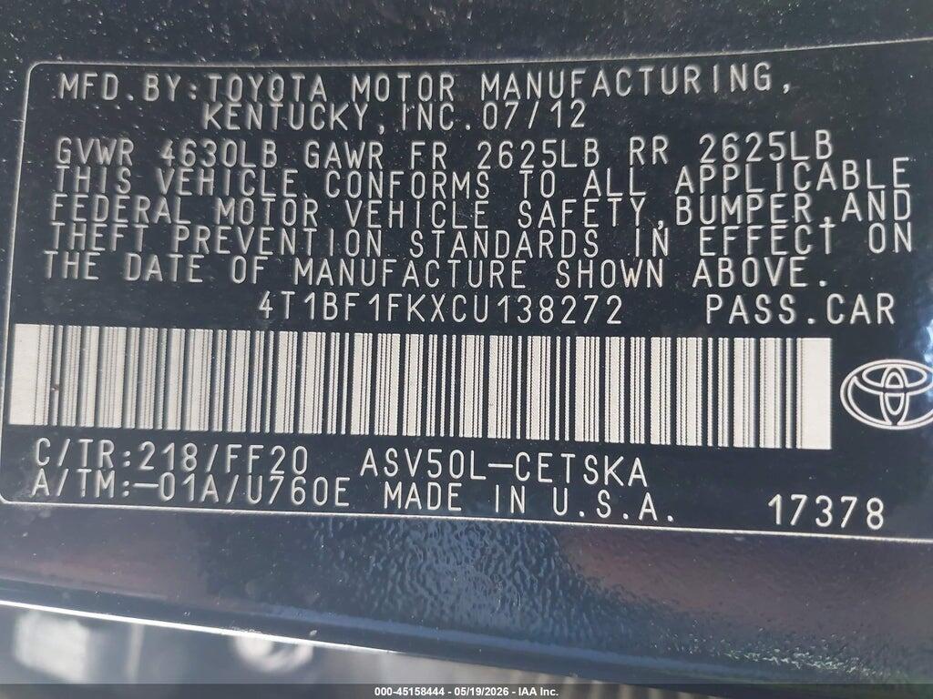 4T1BF1FKXCU138272 2012 TOYOTA CAMRY photo no. 9