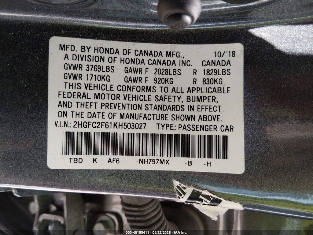 2HGFC2F61KH503027 2019 HONDA CIVIC photo no. 9