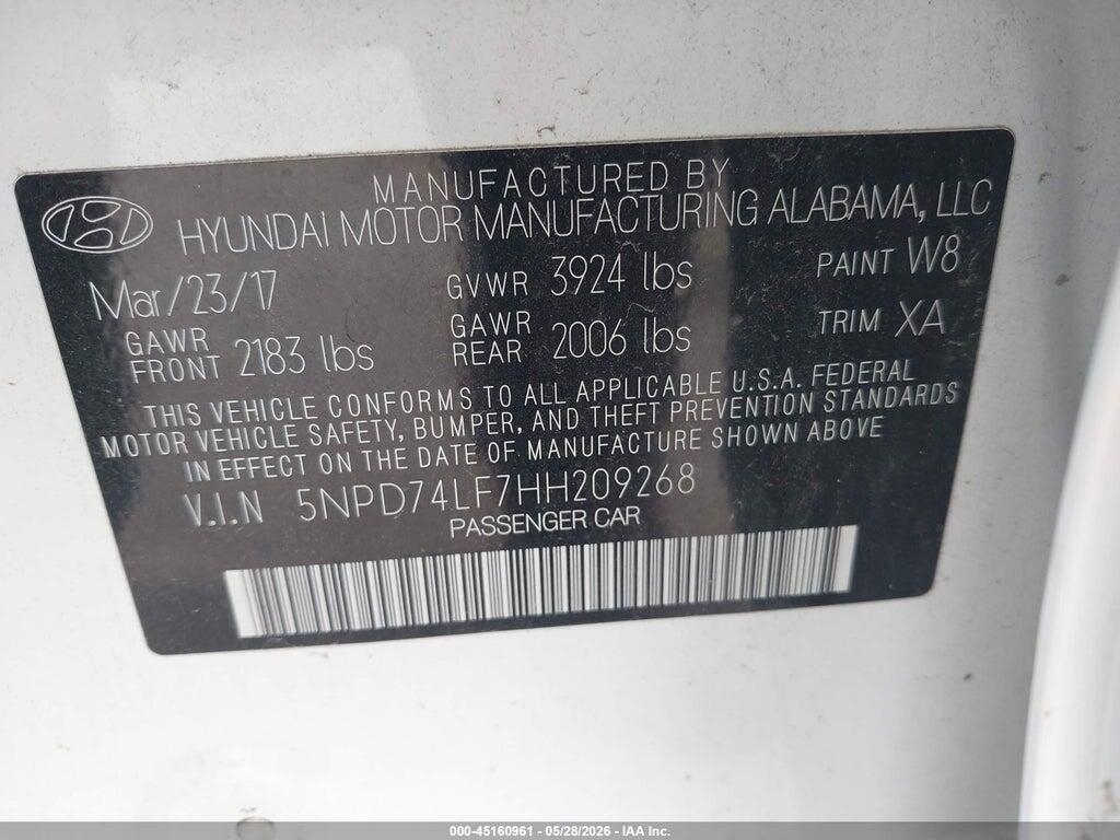 5NPD74LF7HH209268 2017 HYUNDAI ELANTRA photo no. 9