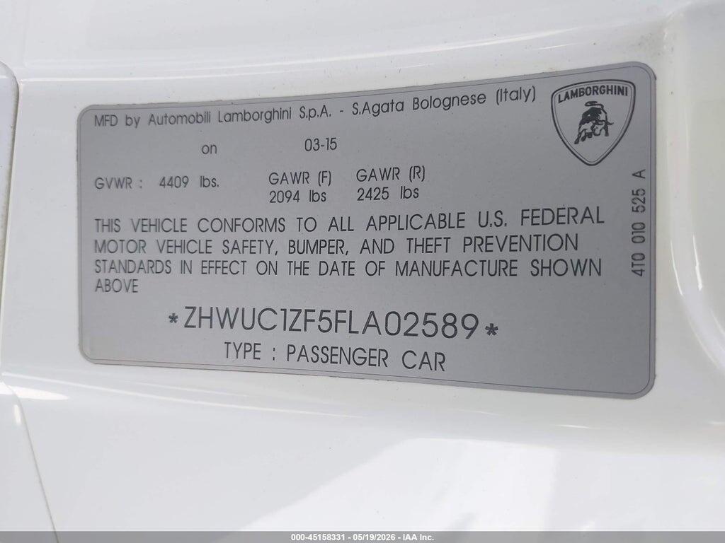 ZHWUC1ZF5FLA02589 2015 LAMBORGHINI HURACAN photo no. 9