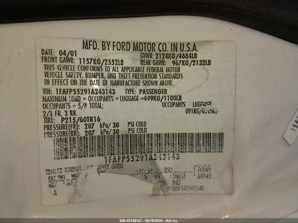 1FAFP55291A243143 2001 FORD TAURUS photo no. 9