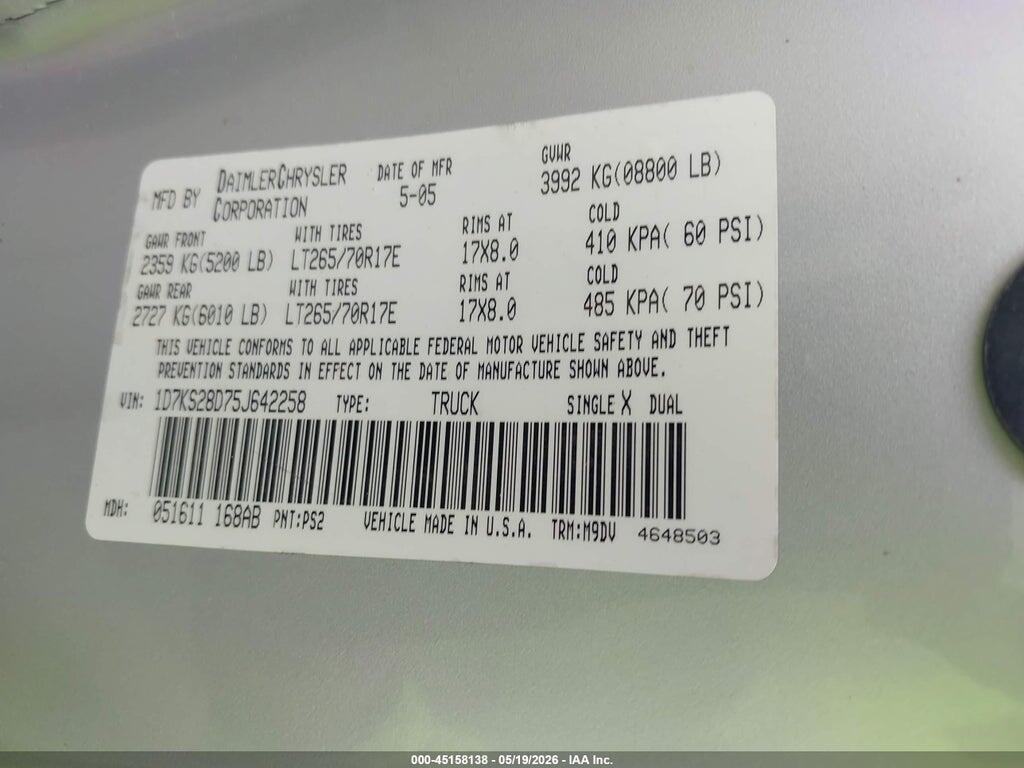 1D7KS28D75J642258 2005 DODGE RAM 2500 photo no. 9