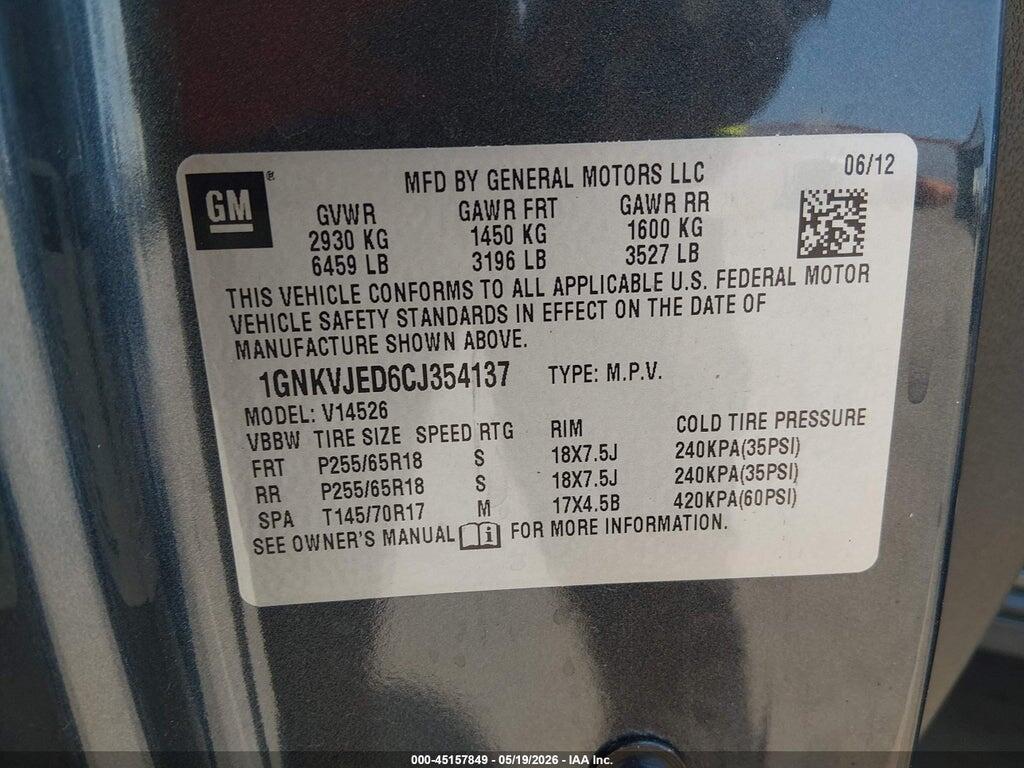 1GNKVJED6CJ354137 2012 CHEVROLET TRAVERSE photo no. 9