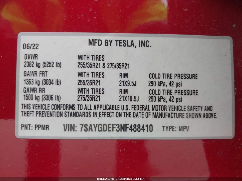 7SAYGDEF3NF488410 2022 TESLA MODEL Y photo no. 9