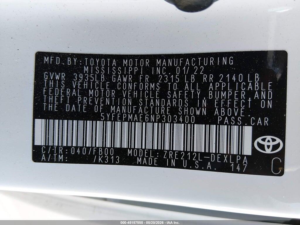 5YFEPMAE6NP303400 2022 TOYOTA COROLLA photo no. 9