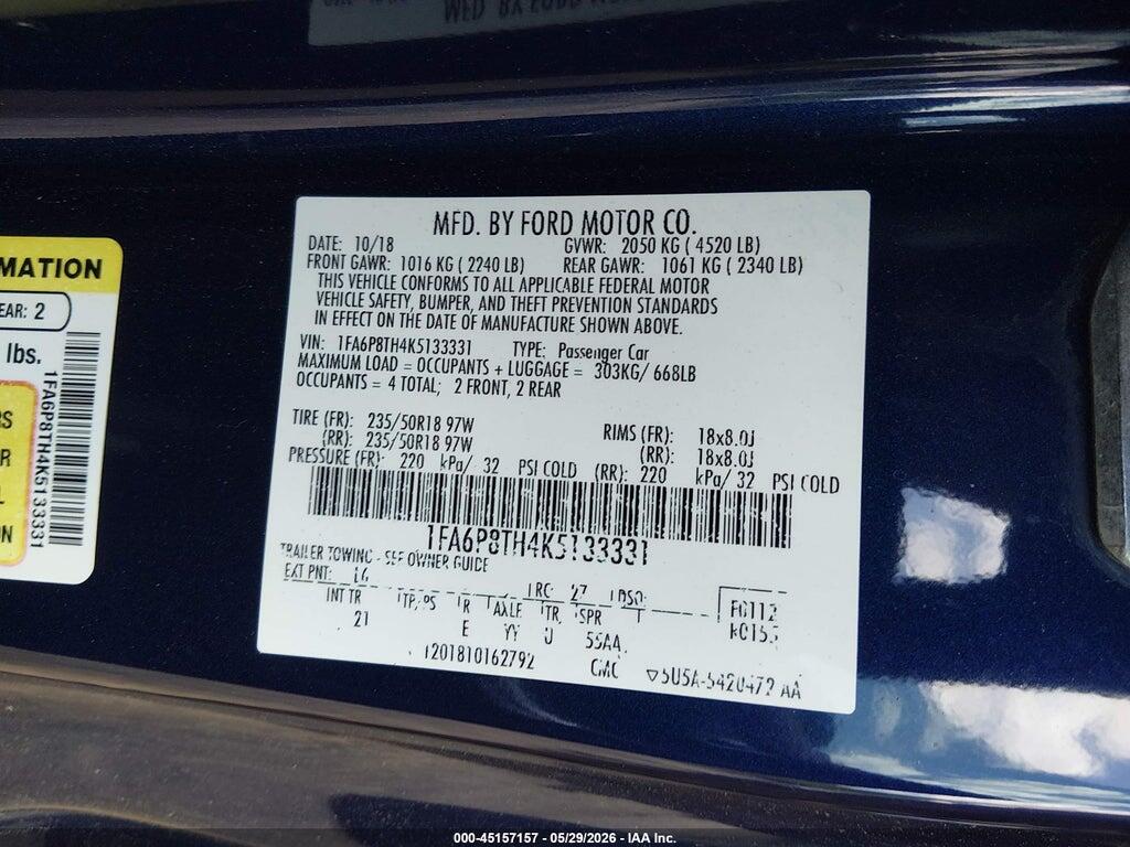 1FA6P8TH4K5133331 2019 FORD MUSTANG photo no. 9