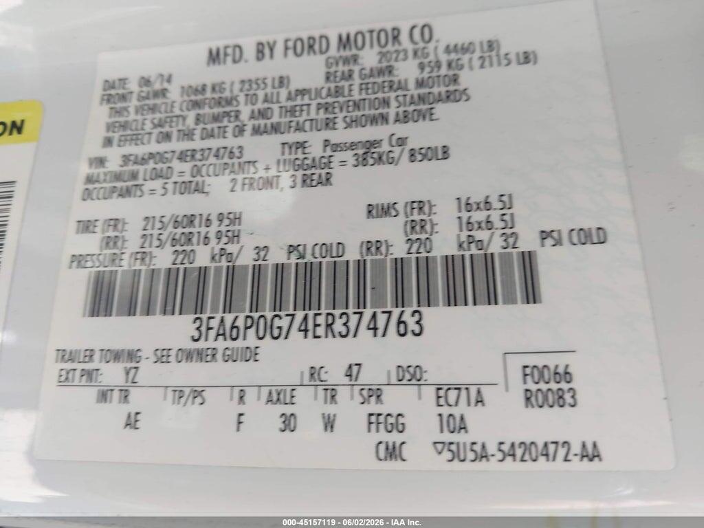 3FA6P0G74ER374763 2014 FORD FUSION photo no. 9