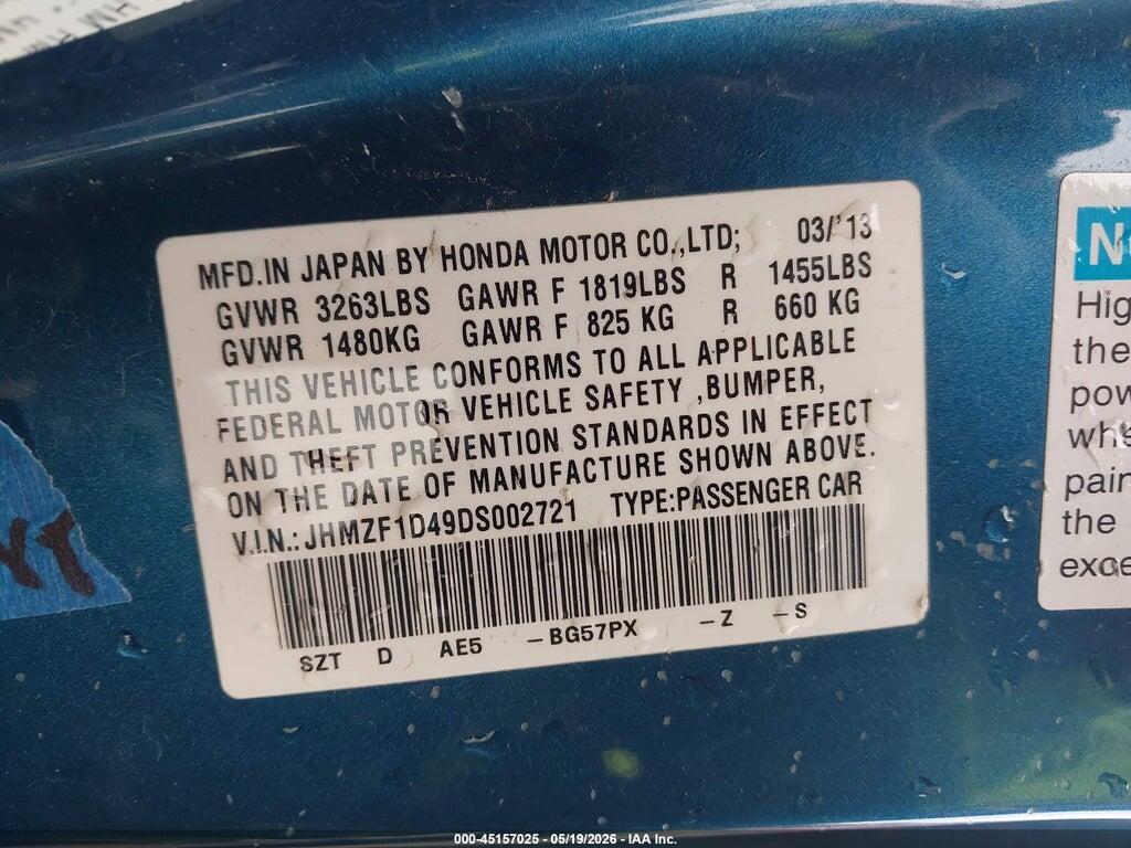 JHMZF1D49DS002721 2013 HONDA CR-Z photo no. 9