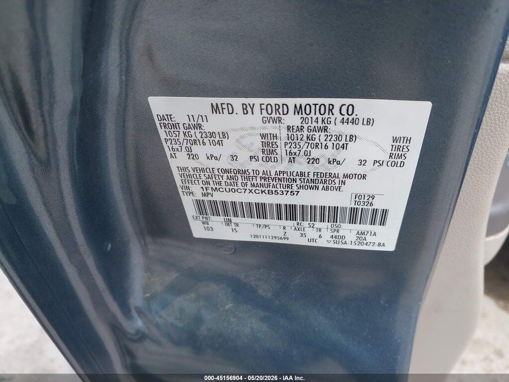 1FMCU0C7XCKB53757 2012 FORD ESCAPE photo no. 9