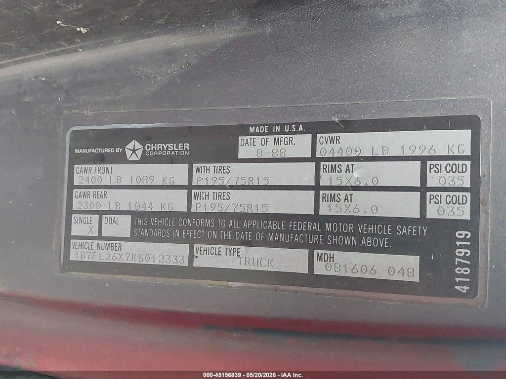 1B7FL26X7KS012333 1989 DODGE DAKOTA photo no. 9