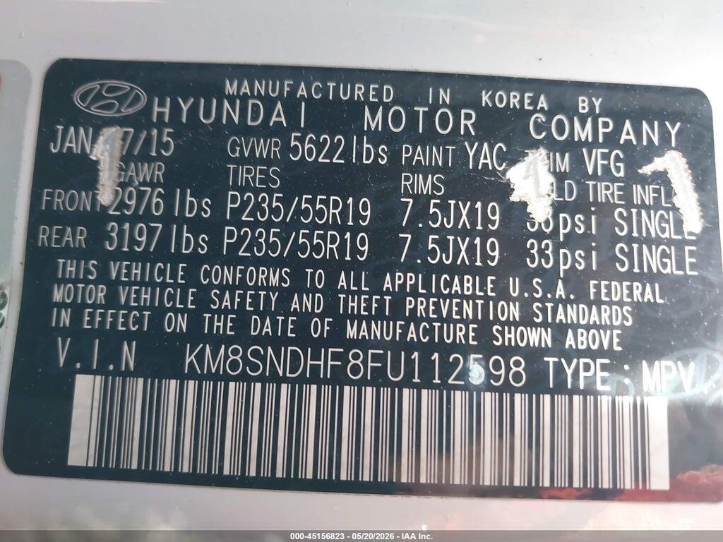 KM8SNDHF8FU112598 2015 HYUNDAI SANTA FE photo no. 9