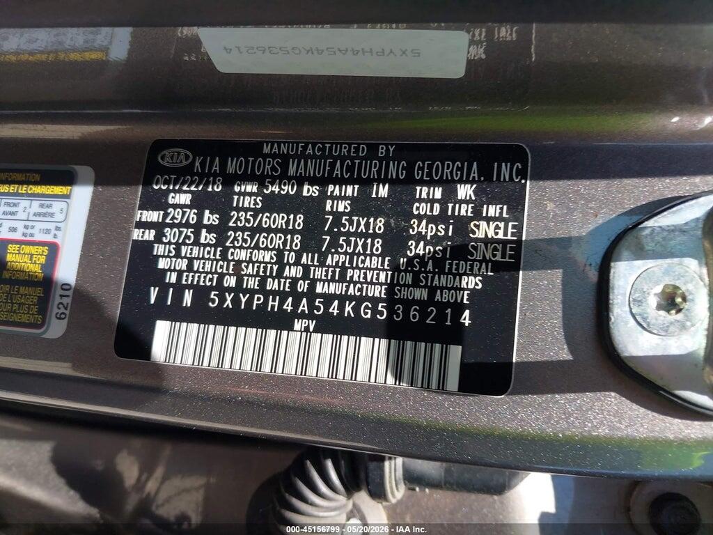 5XYPH4A54KG536214 2019 KIA SORENTO photo no. 9