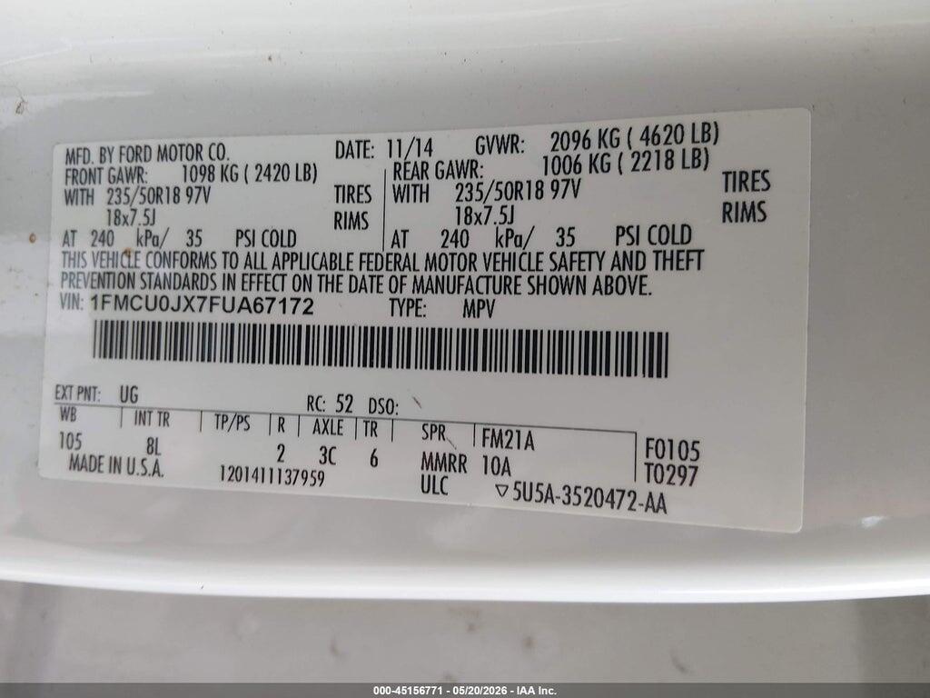 1FMCU0JX7FUA67172 2015 FORD ESCAPE photo no. 9