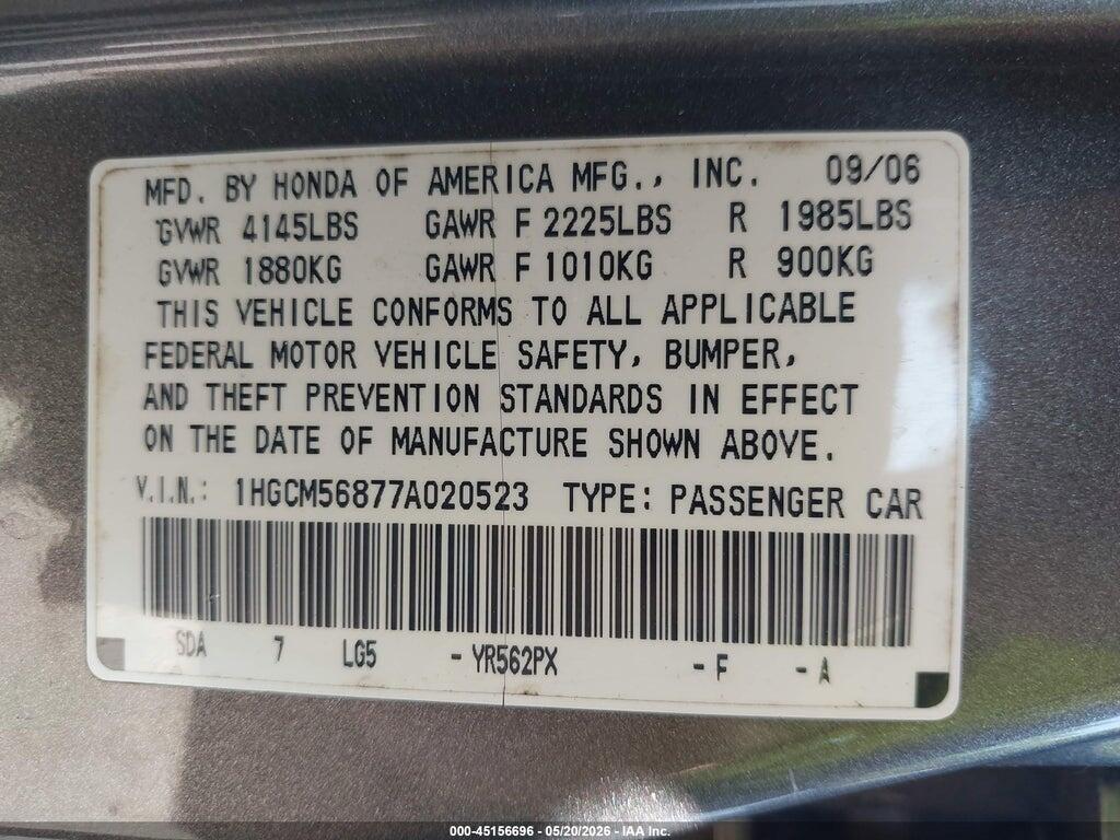1HGCM56877A020523 2007 HONDA ACCORD photo no. 9
