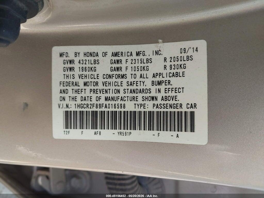 1HGCR2F89FA016598 2015 HONDA ACCORD photo no. 9