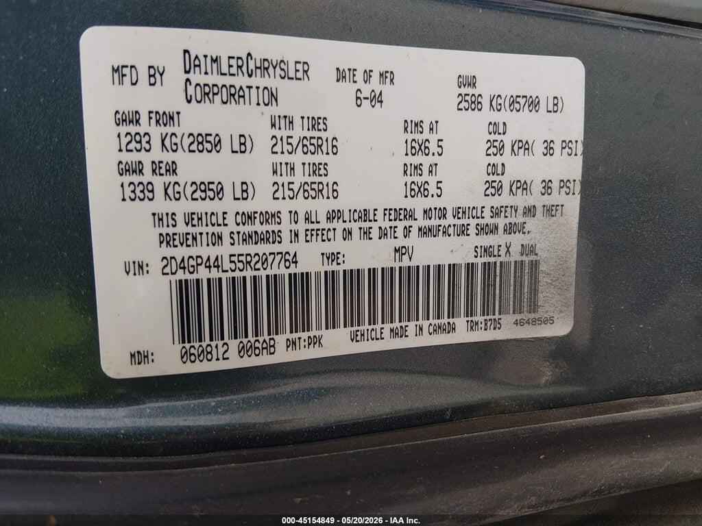 2D4GP44L55R207764 2005 DODGE GRAND CARAVAN photo no. 9
