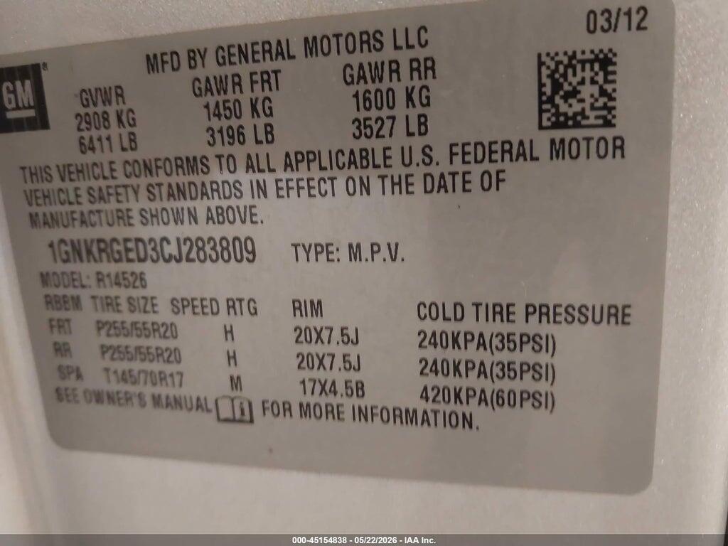 1GNKRGED3CJ283809 2012 CHEVROLET TRAVERSE photo no. 9