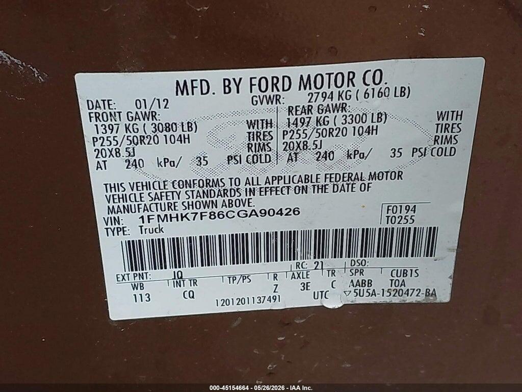 1FMHK7F86CGA90426 2012 FORD EXPLORER photo no. 9