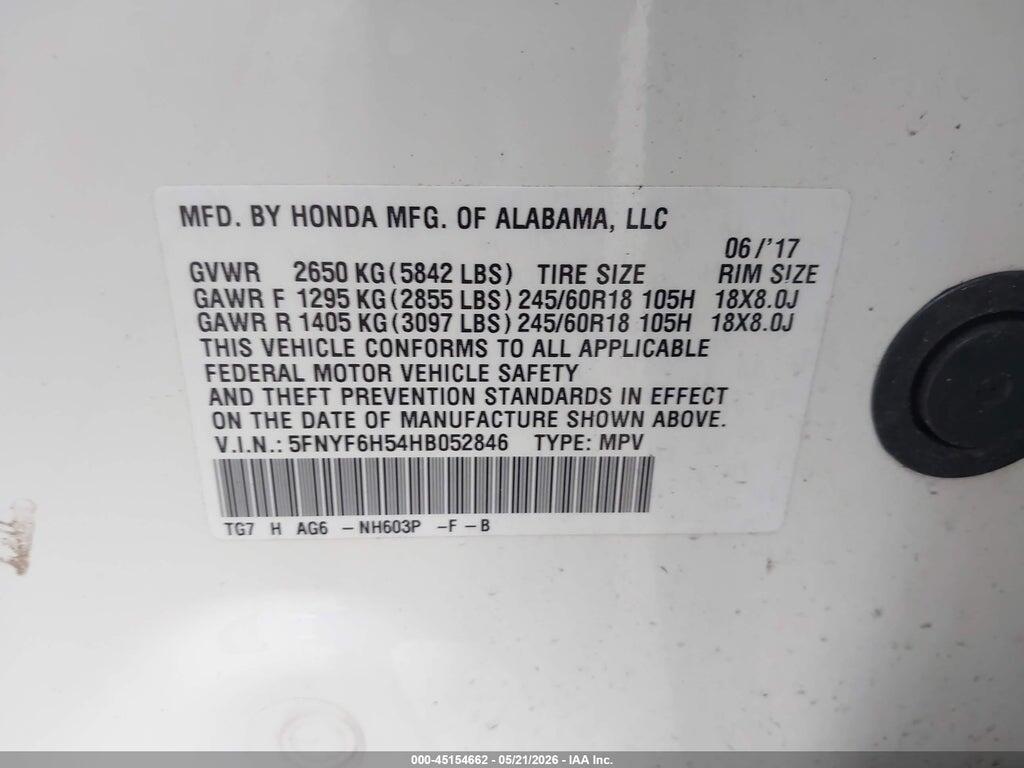 5FNYF6H54HB052846 2017 HONDA PILOT photo no. 9