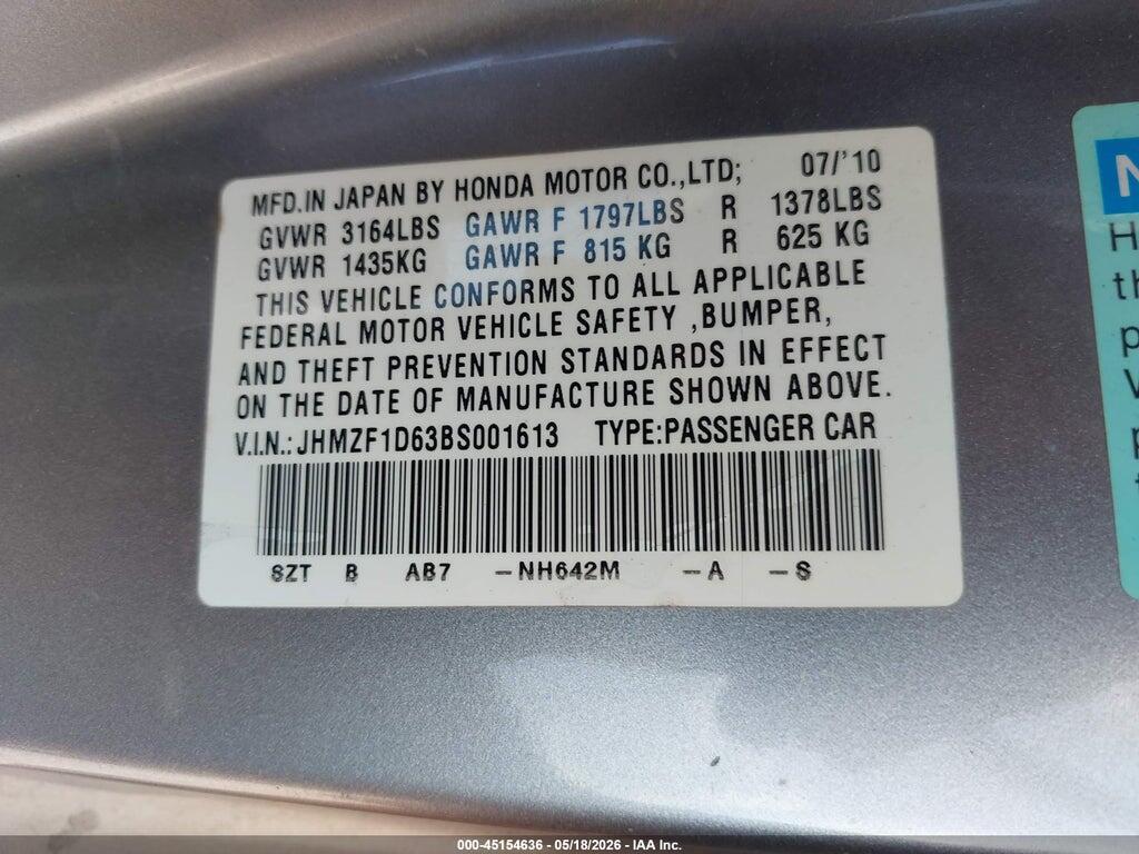 JHMZF1D63BS001613 2011 HONDA CR-Z photo no. 9