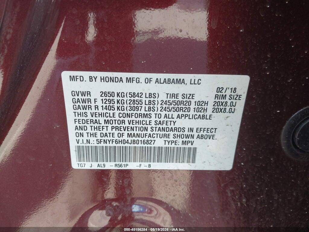 5FNYF6H04JB016827 2018 HONDA PILOT photo no. 9