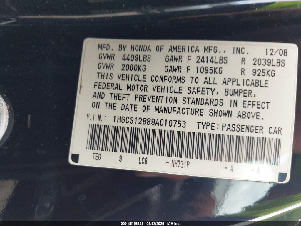 1HGCS12889A010753 2009 HONDA ACCORD photo no. 9