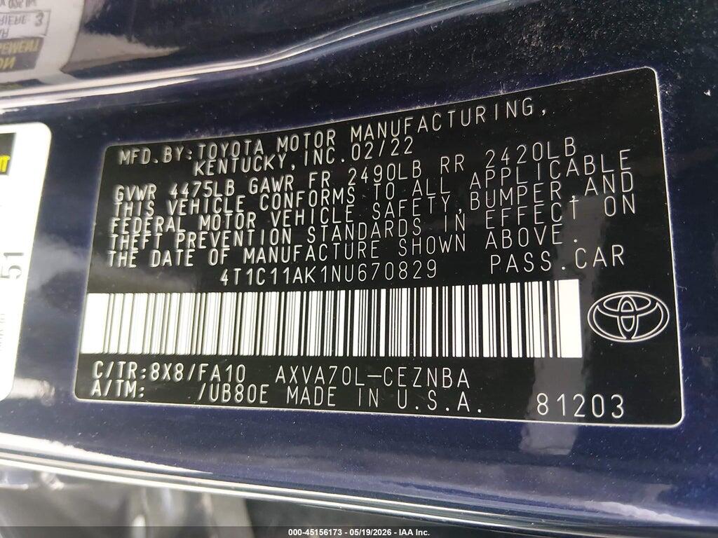 4T1C11AK1NU670829 2022 TOYOTA CAMRY photo no. 9