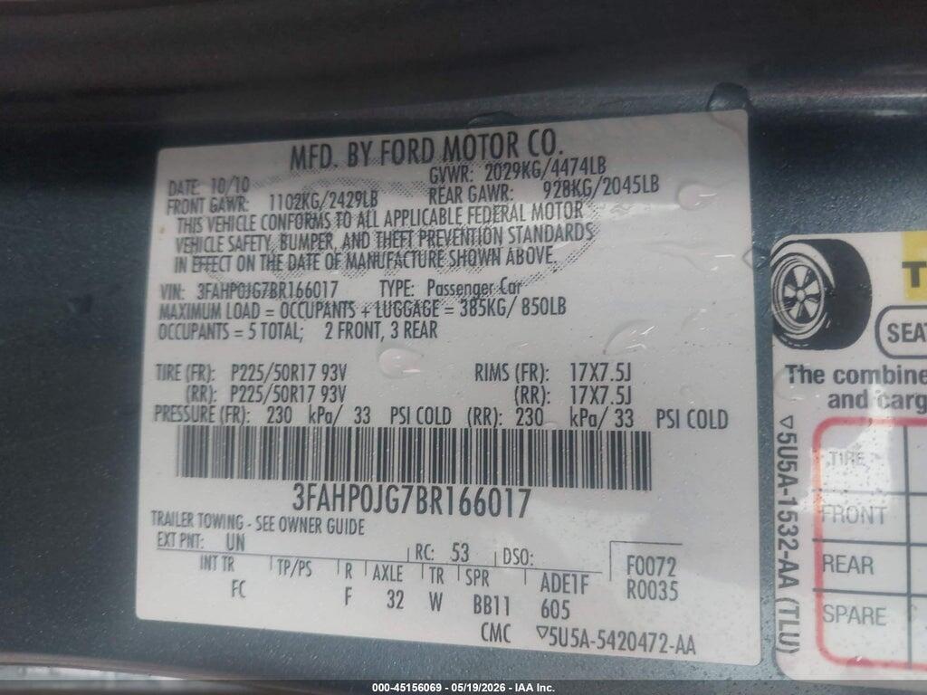 3FAHP0JG7BR166017 2011 FORD FUSION photo no. 9