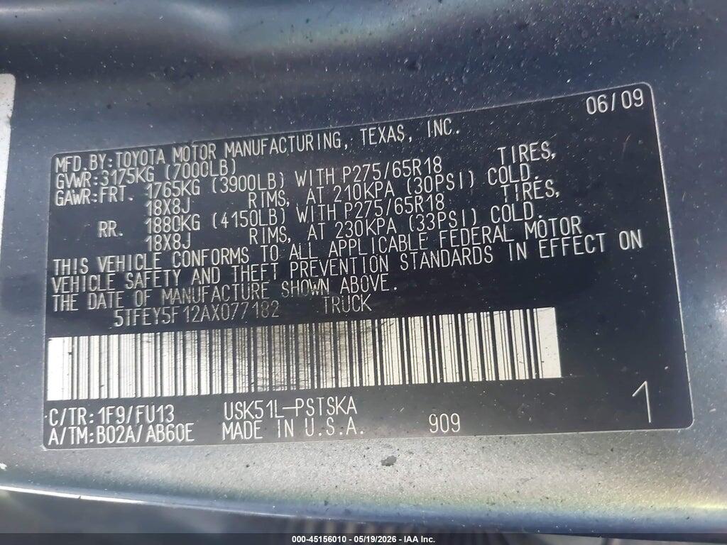 5TFEY5F12AX077182 2010 TOYOTA TUNDRA photo no. 9
