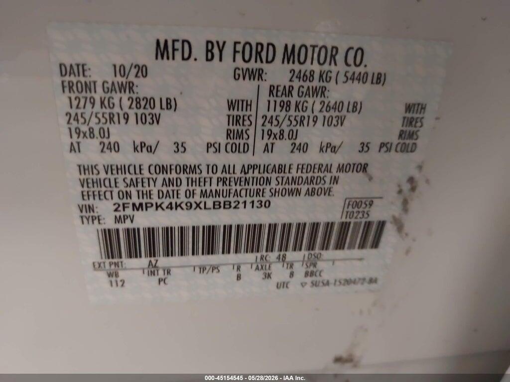 2FMPK4K9XLBB21130 2020 FORD EDGE photo no. 9