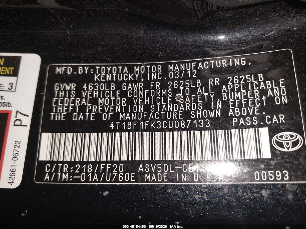 4T1BF1FK3CU087133 2012 TOYOTA CAMRY photo no. 9