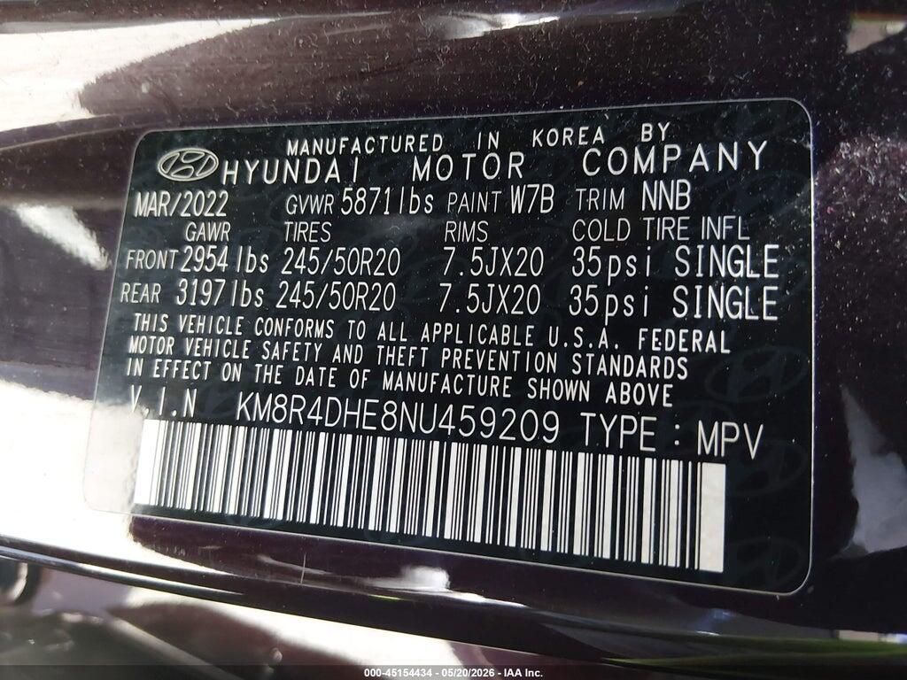 KM8R4DHE8NU459209 2022 HYUNDAI PALISADE photo no. 9