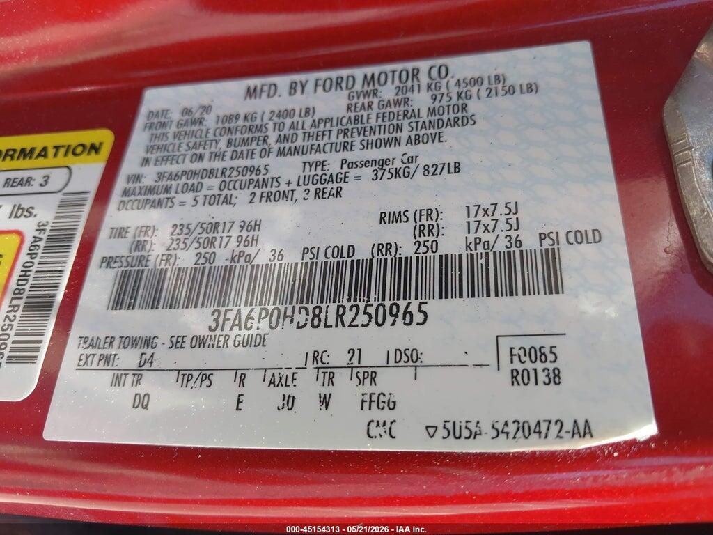3FA6P0HD8LR250965 2020 FORD FUSION photo no. 9