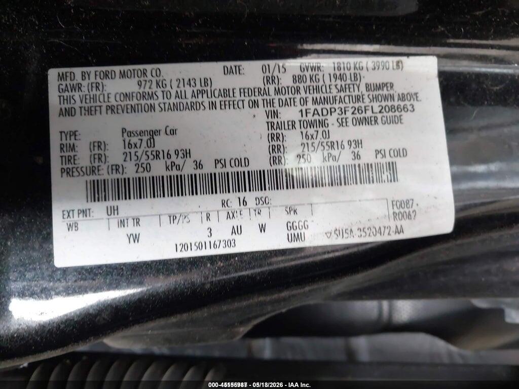 1FADP3F26FL208663 2015 FORD FOCUS photo no. 9