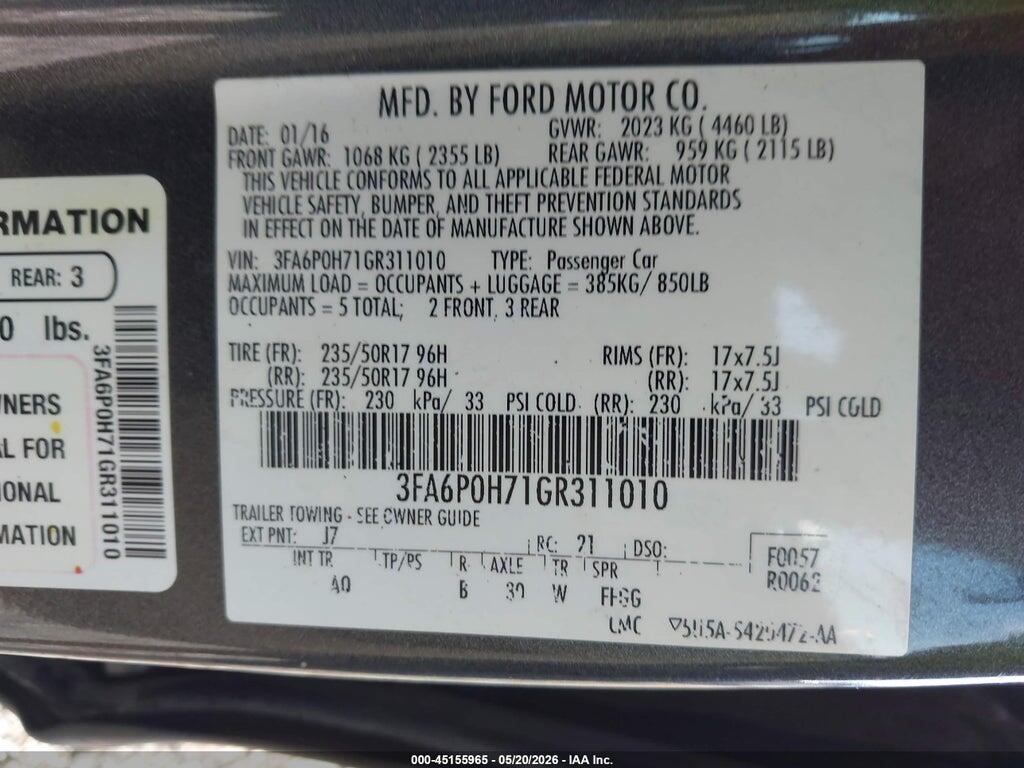 3FA6P0H71GR311010 2016 FORD FUSION photo no. 9