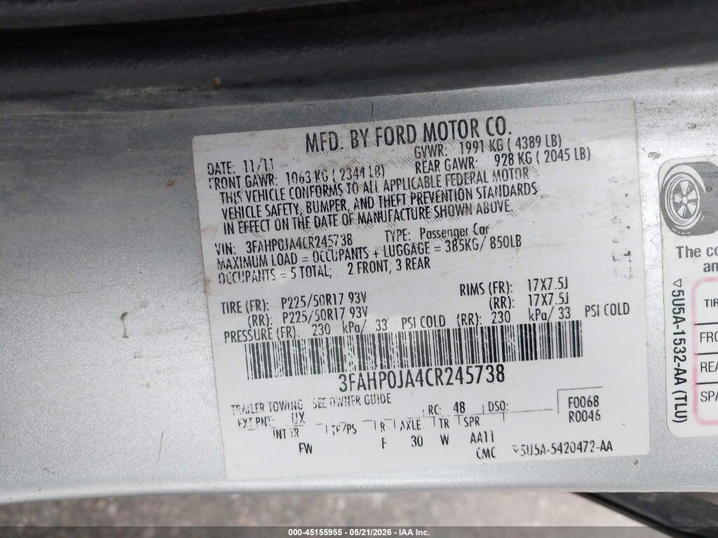 3FAHP0JA4CR245738 2012 FORD FUSION photo no. 9