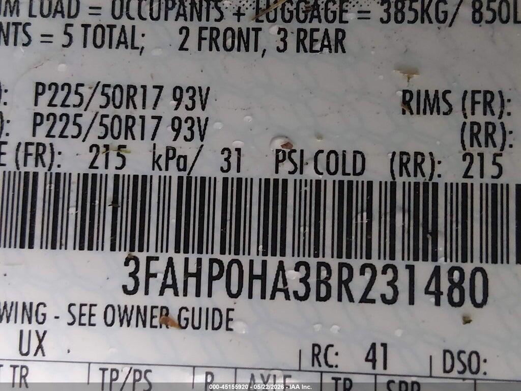 3FAHP0HA3BR231480 2011 FORD FUSION photo no. 9