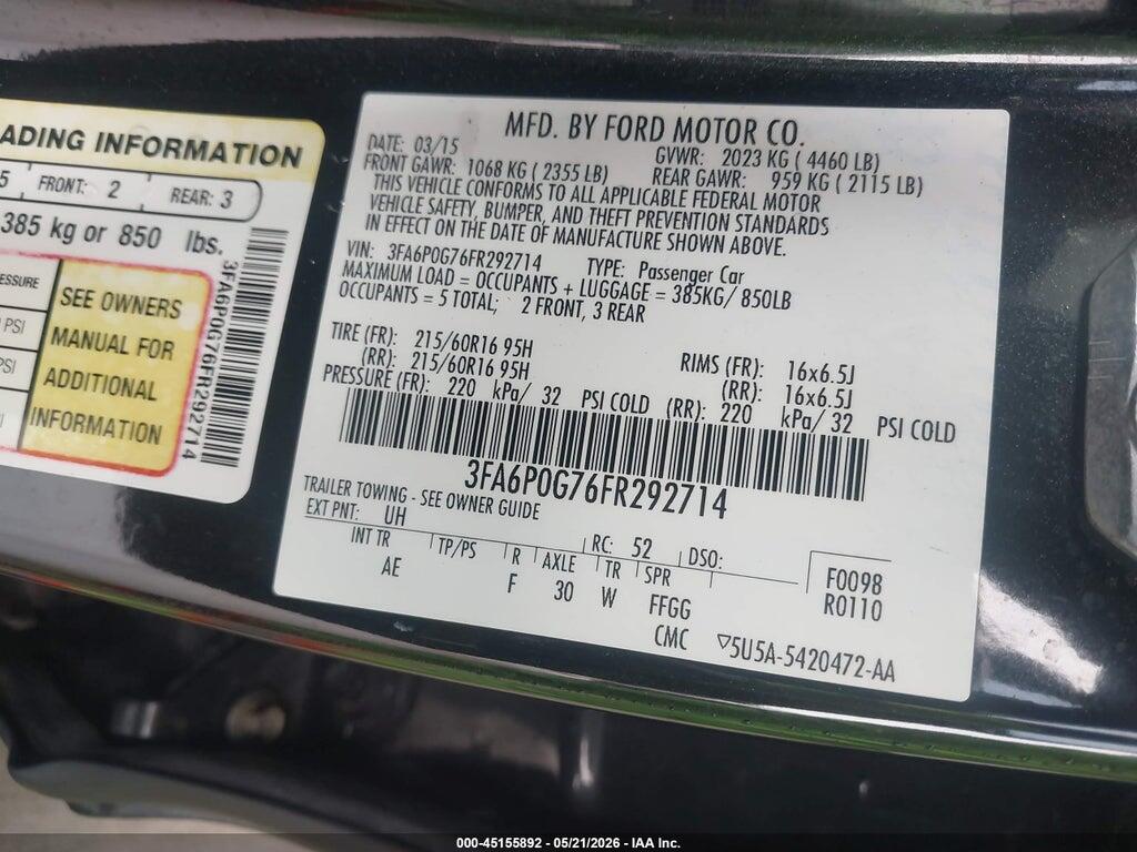 3FA6P0G76FR292714 2015 FORD FUSION photo no. 9