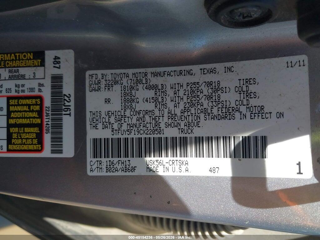 5TFUY5F19CX220501 2012 TOYOTA TUNDRA photo no. 9