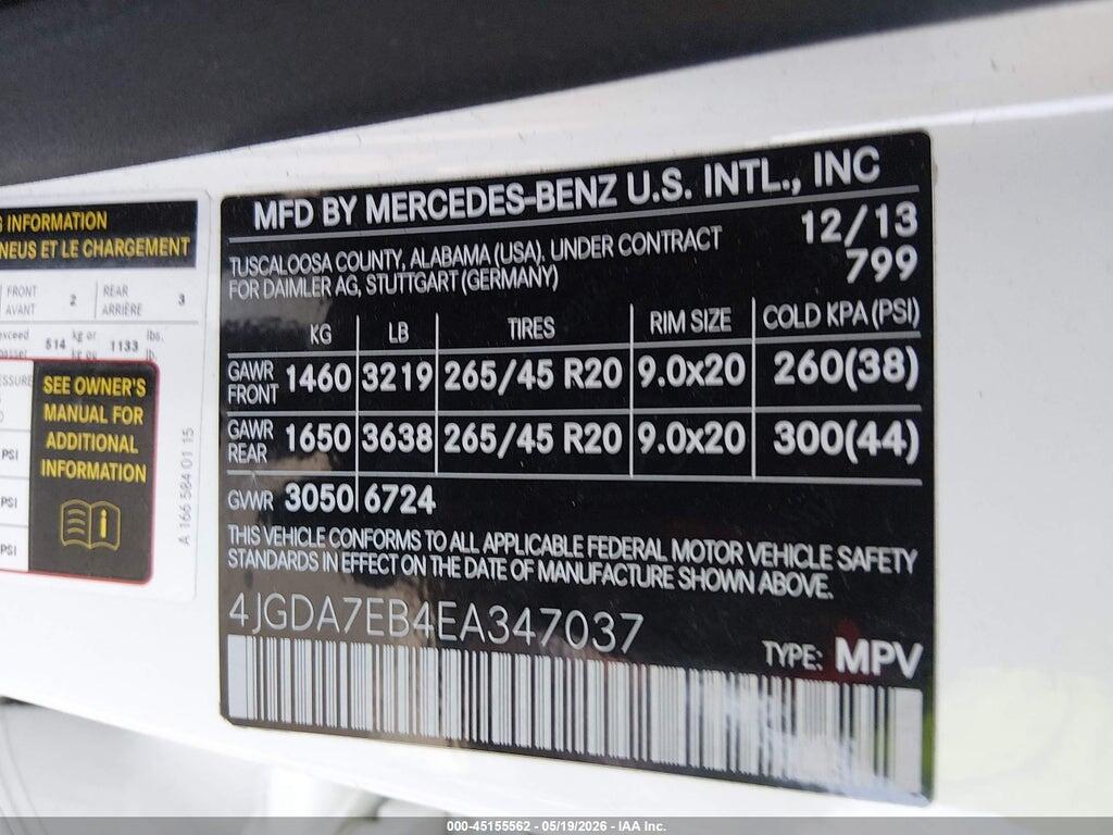 4JGDA7EB4EA347037 2014 MERCEDES-BENZ ML 63 AMG photo no. 9