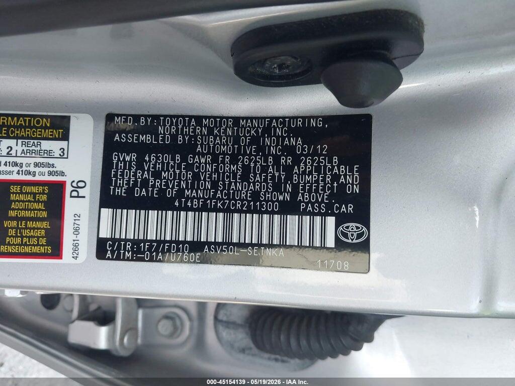 4T4BF1FK7CR211300 2012 TOYOTA CAMRY photo no. 9