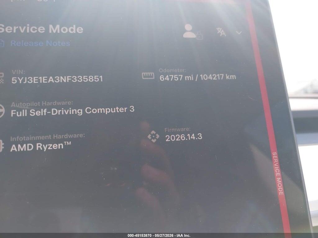 5YJ3E1EA3NF335851 2022 TESLA MODEL 3 photo no. 7