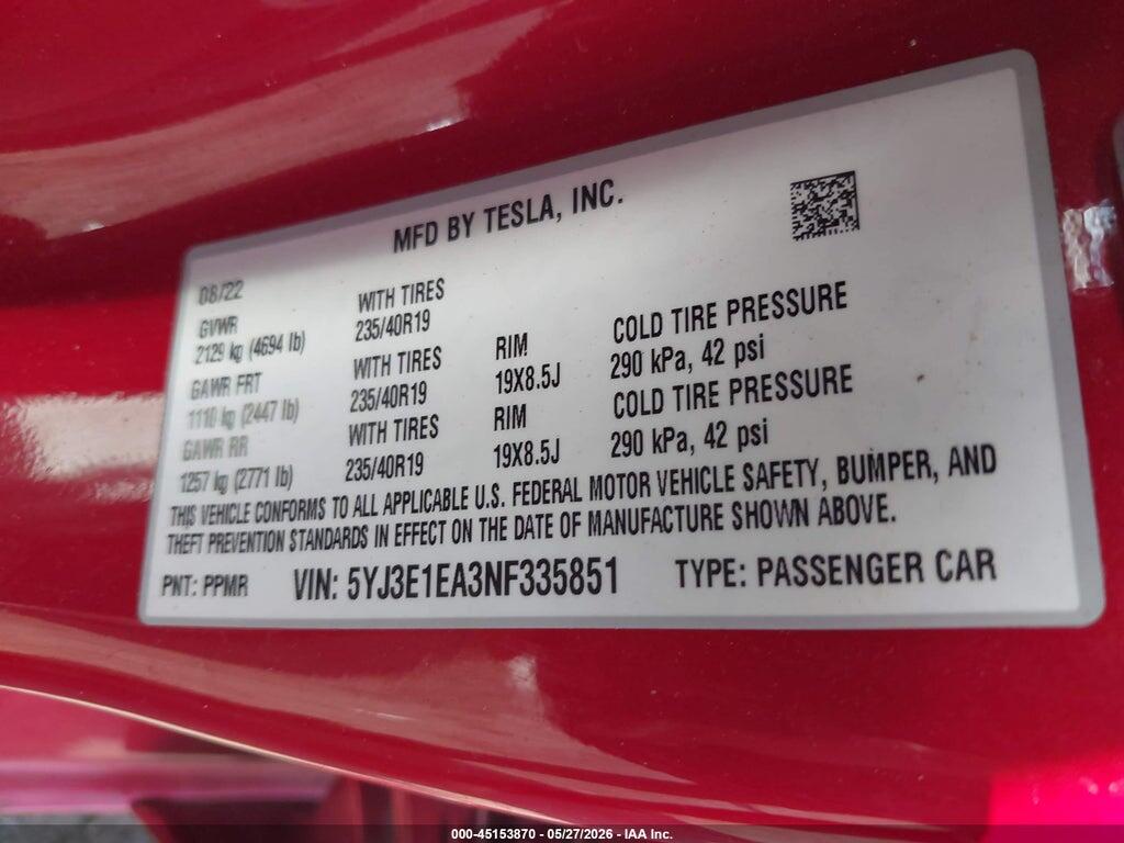5YJ3E1EA3NF335851 2022 TESLA MODEL 3 photo no. 9