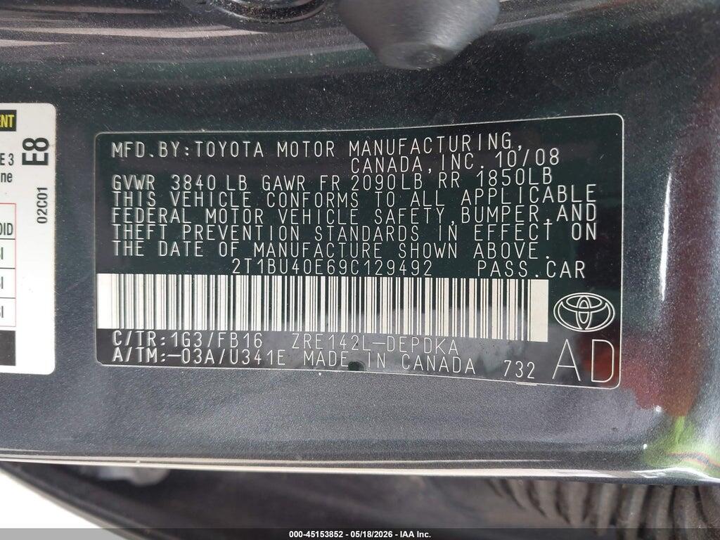 2T1BU40E69C129492 2009 TOYOTA COROLLA photo no. 9