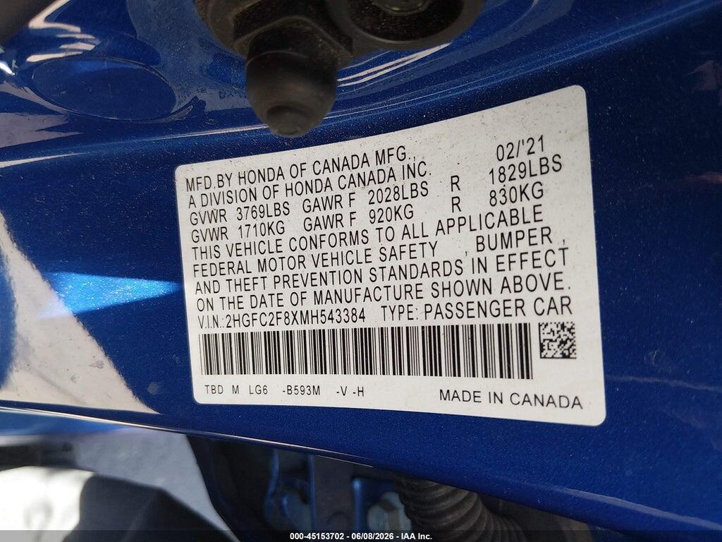2HGFC2F8XMH543384 2021 HONDA CIVIC photo no. 9