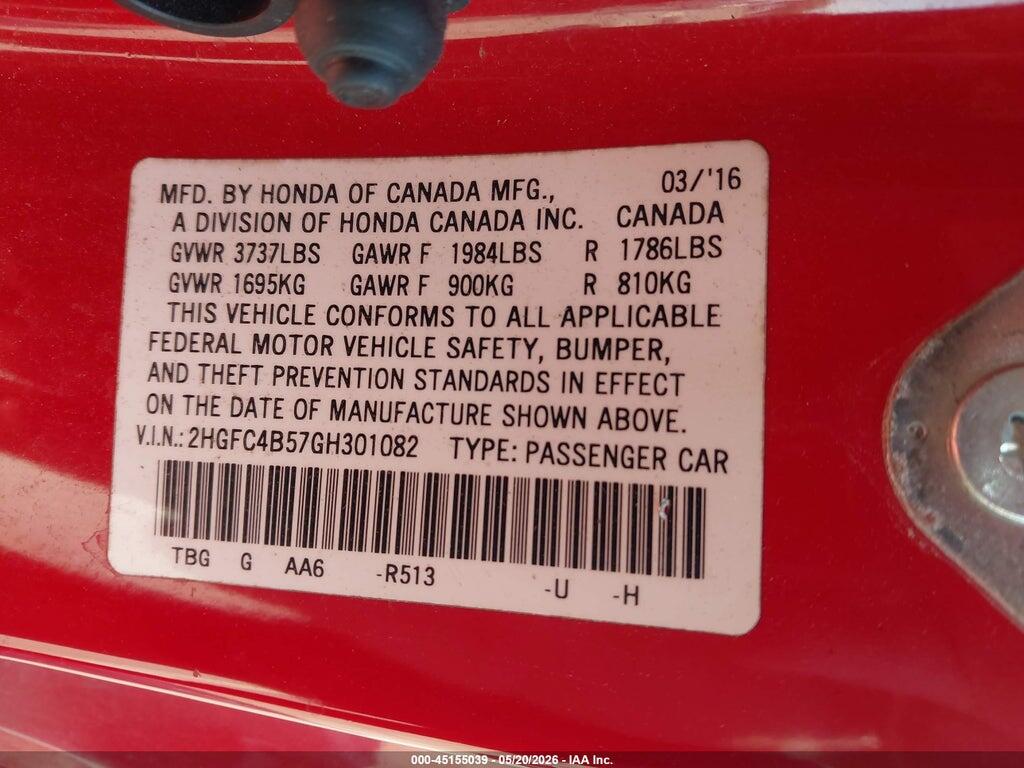 2HGFC4B57GH301082 2016 HONDA CIVIC photo no. 9
