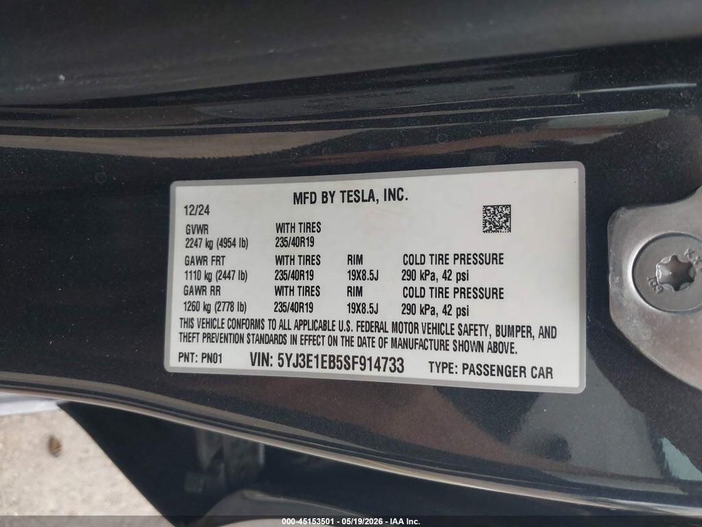 5YJ3E1EB5SF914733 2025 TESLA MODEL 3 photo no. 9