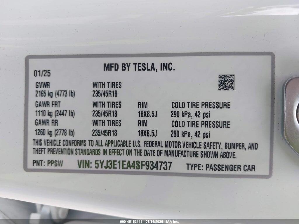 5YJ3E1EA4SF934737 2025 TESLA MODEL 3 photo no. 9