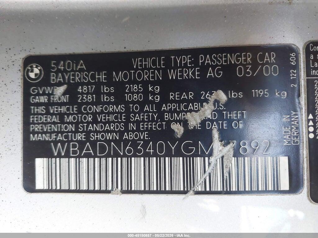 WBADN6340YGM67892 2000 BMW 540IA photo no. 9